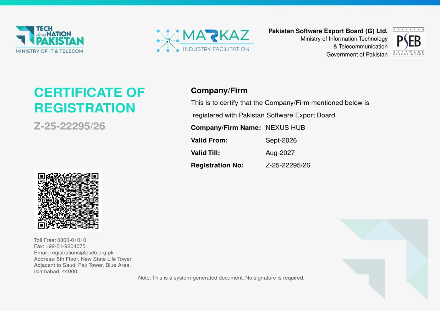 Nexus Hub certificate of registration with the Pakistan Software Export Board (PSEB), registration no. Z-25-22295/26